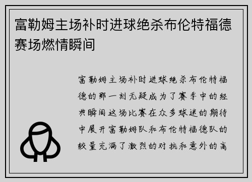 富勒姆主场补时进球绝杀布伦特福德赛场燃情瞬间 富勒姆主场补时进球绝杀布伦特福德赛场燃情瞬间